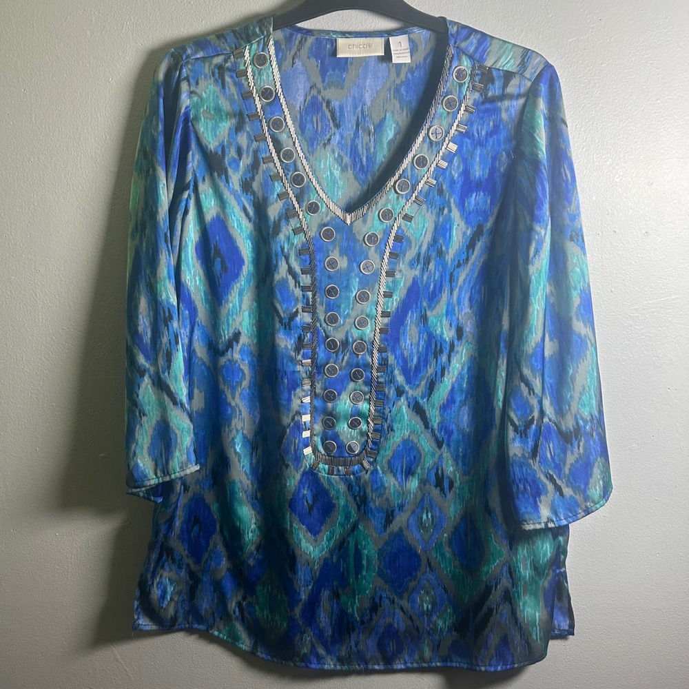 Chicos V Neck 3/4 Sleeve Embellished Tunic Top Blue Teal Ikat Print‎ Size 1